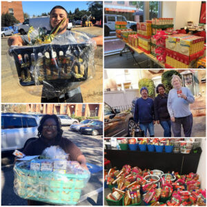 People holding baskets of donated groceries.